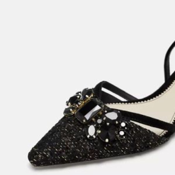 NWT Zara Black Tweed Bejeweled Slingback Flats - Picture 3 of 6